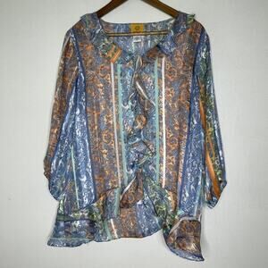 Ruby Rd Blouse Womens Large Blue Orange Paisley Ruffle Sheer Metallic Boho Top